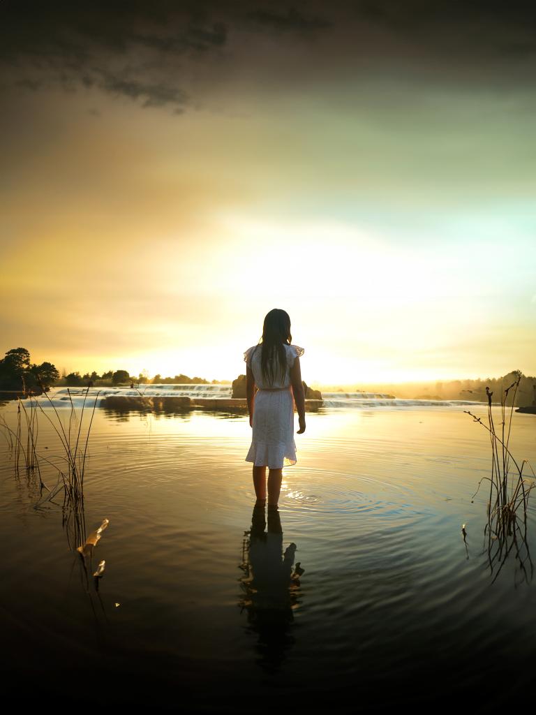 A girl with long dark hair wearing a knee-length white dress faces away, standing ankle deep in a calm lake, with the setting sun casting a warm yellow glow across the water. Partially obscured.
