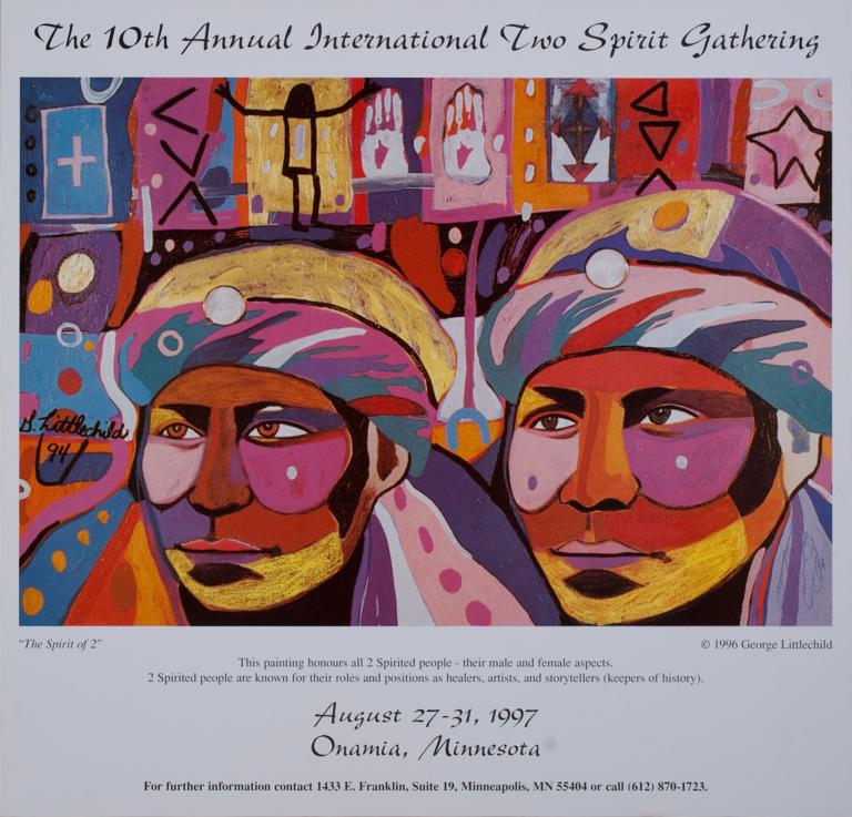 A poster featuring large artwork depicting two faces in dramatic colours and patterns, with background imagery including hands, standing figures and geometric shapes. A large title at the top reads “The 10th Annual International Two Spirit Gathering” and text at the bottom reads “August 27-31, 1997. Onamia, Minnesota.” Partially obscured.