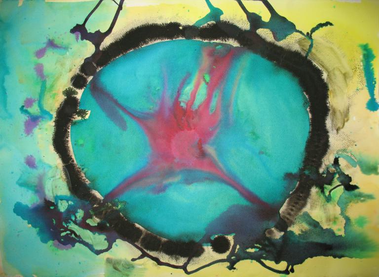 Artwork featuring a large turquoise oval shape outlined in black with a red, branching form spreading across the centre. The background blends yellow and green tones with scattered organic shapes and splashes of black around the edge. Partially obscured.