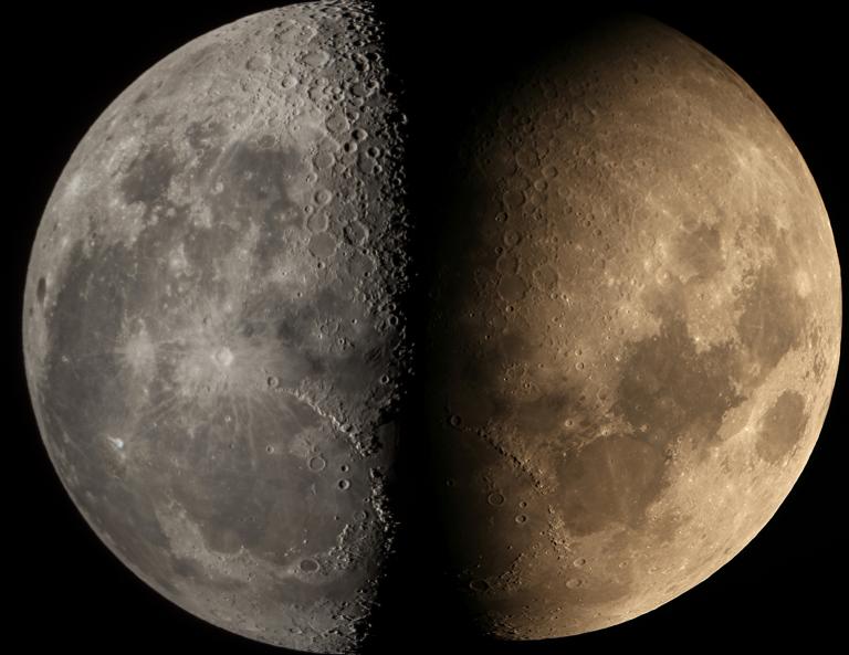 Composite image comparing greayscale (left) and natural color (right) views of the same lunar hemisphere. Partially obscured.
