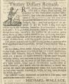 A newspaper advertisement offering a reward for the capture of a runaway enslaved person. The ad features a small image in the top left corner. It is an illustration of a Black person running while looking over their shoulder.