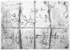 A black and white drawing of a village being attacked. It shows people with guns, an airplane, a hut on fire, a river and a bush.